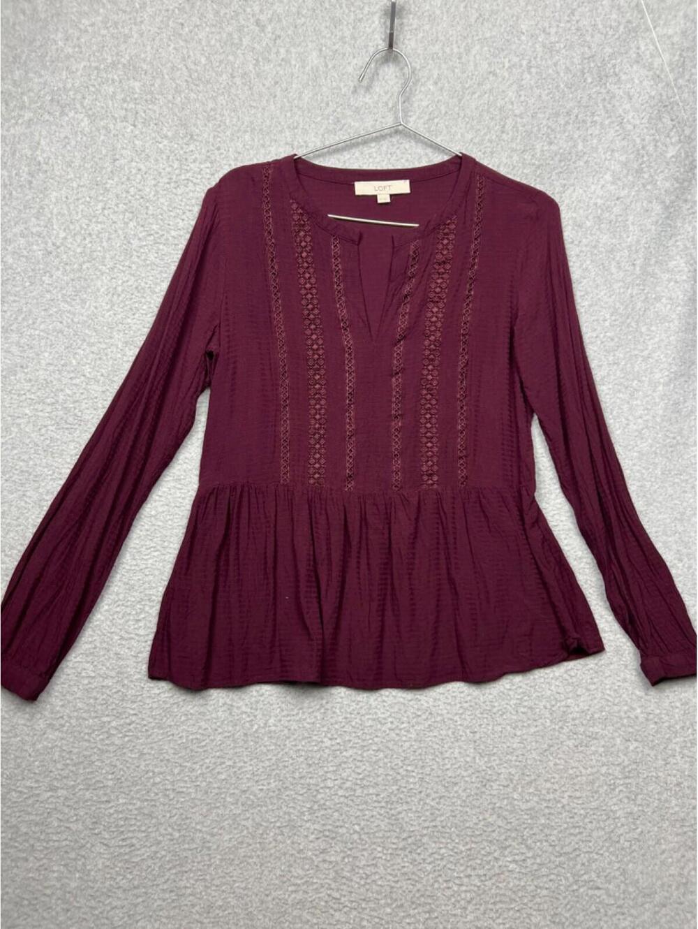 Ann Taylor Loft Womens Embroidered Blouse Boho Prairie XS Baby Doll Burgundy